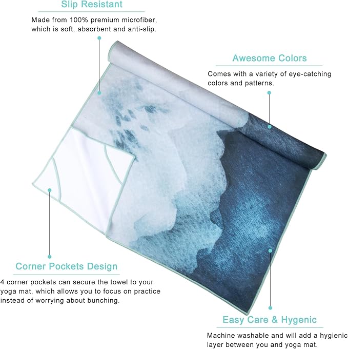QIYI Large Yoga Mat Towel with Corner Pockets, Non Slip Sweat Absorbent Hot Yoga Towels, Soft Yoga Blankets with Travel Bag, Skidless Mat Cover for Workout, Gym, Fitness - 74"x26", Watercolor Mountain