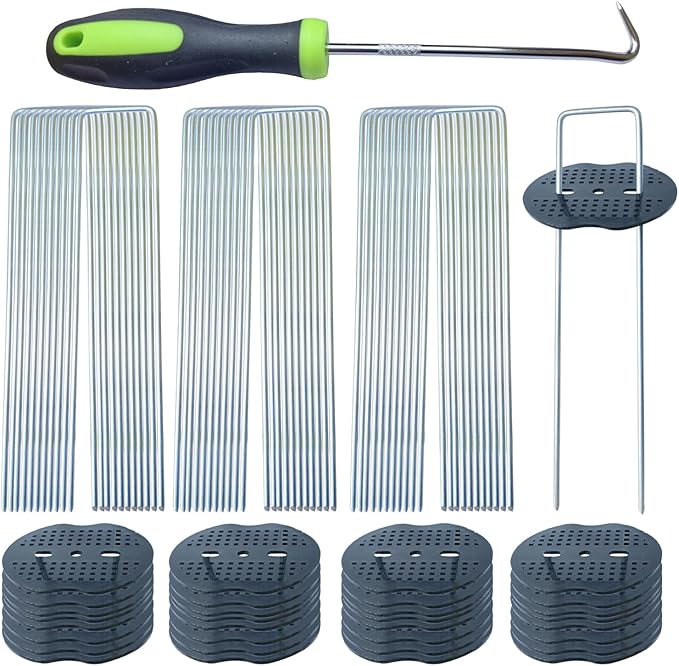 200Pcs Landscape Staples with 200 Gasket with 1Pick Hook, 6 Inch Heavy Duty Garden Stakes 11 Gauge U Shaped Galvanized Lawn Pins for Weed Barrier Fabric