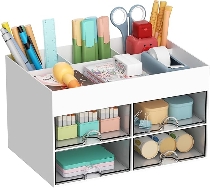 Marbrasse Pen Organizer with 4 Drawer, Multi-Functional Pencil Holder for Desk, Desk Organizers and Accessories with 4 Compartments + Drawer for Office Art Supplies (White)