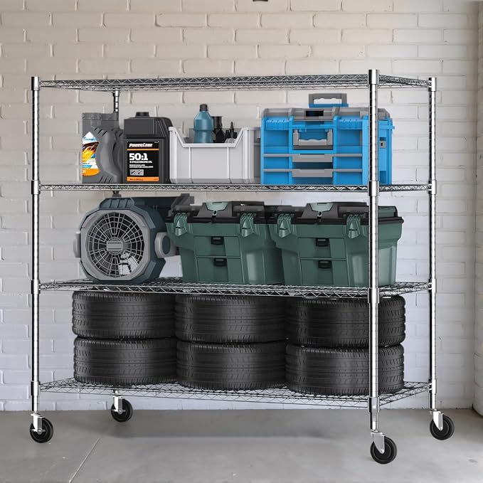 Himimi 4 Tier Wire Shelving with Wheels Heavy Duty Height Adjustable Metal Shelves for Storage, Commercial Grade Steel Utility Wire Rack for Kitchen Garage Pantry Organization-24×48×72, Silver