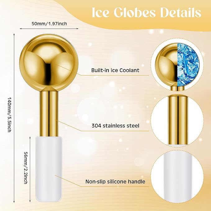 Baderke 2 Pcs Ice Globes for Face Stainless Steel Cooling Globes Unbreakable Cooling Roller Women Ice Balls Cryo Sticks Face Skin Care for Dark Circles, Puffiness(Gold (white Handle))