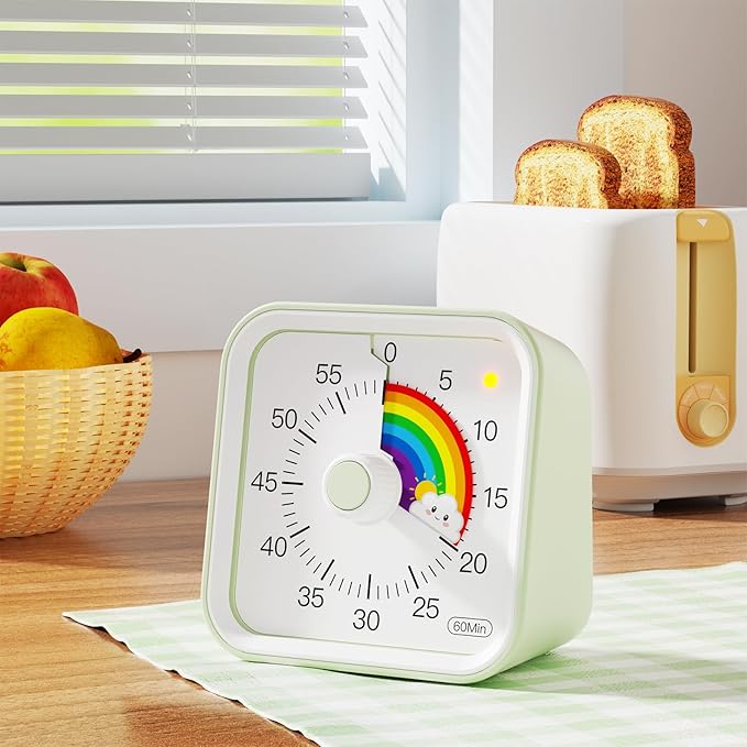 Visual Timer with Pause Function, 60 Minute Countdown, Pomodoro Timer for Kids, Productivity Timer, Time Management for Kitchen Cooking, Study, Teaching, Office Meetings (Rainbow Green)