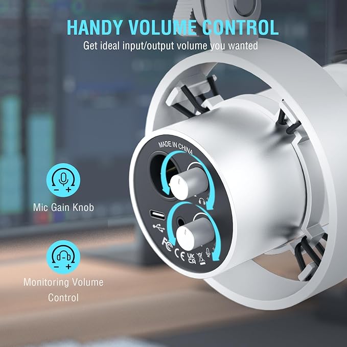 FIFINE Dynamic Microphone with Boom Arm, Studio Vocal XLR Microphone, Podcast USB Mic Kit for PC with Mute Button, Volume Knob, Headphone Jack, for Streaming Recording-AmpliTank K688CT White