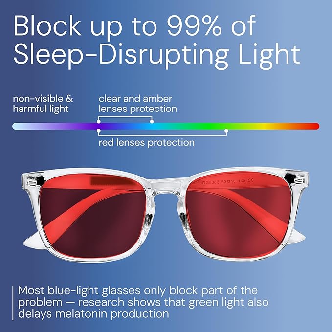 livho Sleep Glasses for up to 99.9% Blue Green Light Blocking for Computer Gaming, Dual Coatings Red Lens, for Women & Men