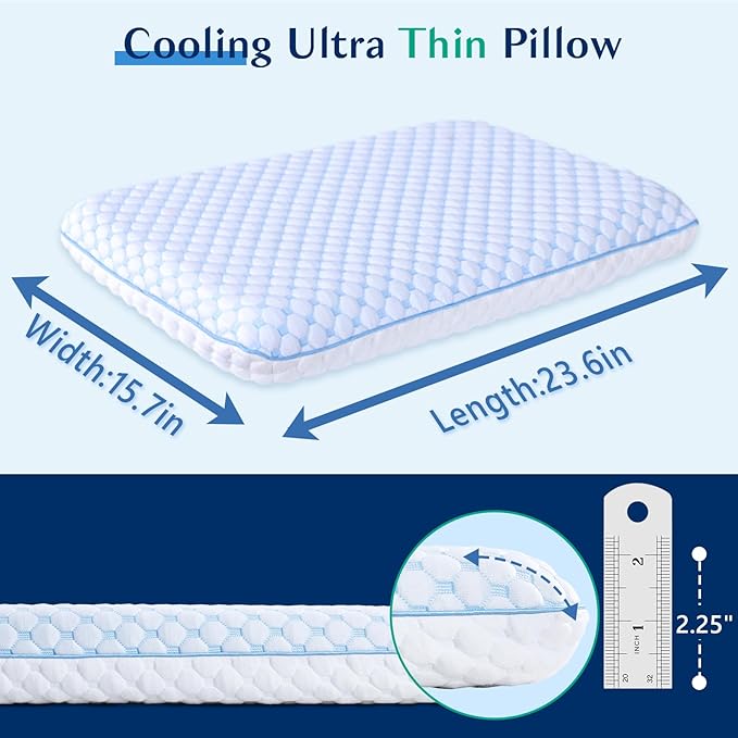 Thin Pillow for Sleeping, Cooling Gel Flat Pillow for Stomach and Back Sleepers, Ultra Slim Stomach Sleeping Pillows for Shoulder Neck Pain Relief, Low Profile Memory Foam Pillows 2.25-inches