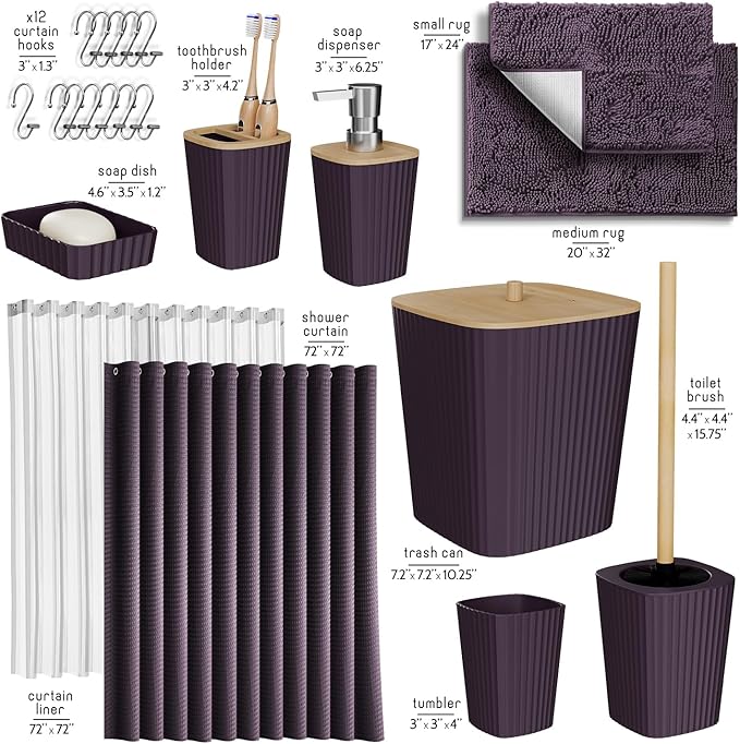 Clara Clark Bathroom Accessories Set - Purple Bathroom Set, Bathroom Sets with Shower Curtain and Rugs, 22PC Shower Curtain Set with Trash Can