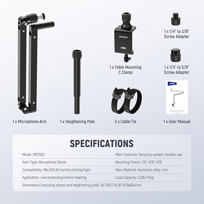 NEEWER Low Profile Mic Arm Desk Stand Mount with Damping, 360° Swivel Articulating Boom Arms with Heighten Pole & Cable Management Channels for Microphone Podcast Gaming Streaming Zoom Calls, MST002