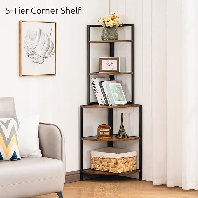 Apicizon 5 Tier Corner Shelf, Industrial Corner Bookshelf with Metal Frame, Rustic Corner Storage Rack Shelves Display Plant Flower, Stand Bookcase for Home Office, Small Place, Kitchen, Rustic Brown