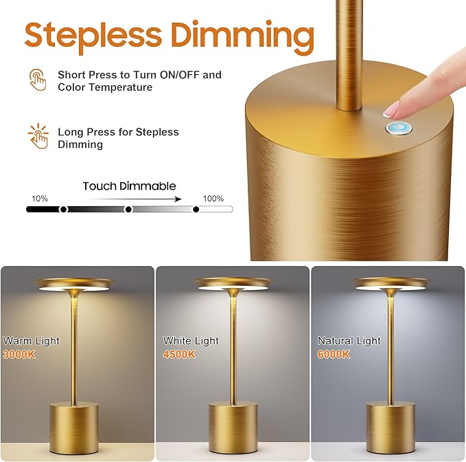 2Pack Cordless Table Lamp,Rechargeable 6000mAh Battery Operated Portable Table Light, 3 Color Stepless Dimmable Battery Lamps, LED Table Light for/Restaurant/Outdoor/Patio (2Pack Gold)