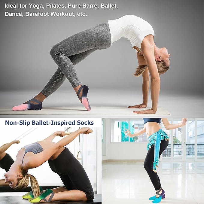 Ozaiic Yoga Socks for Women Non-Slip Grips & Straps, Ideal for Pilates, Pure Barre, Ballet, Dance, Barefoot Workout