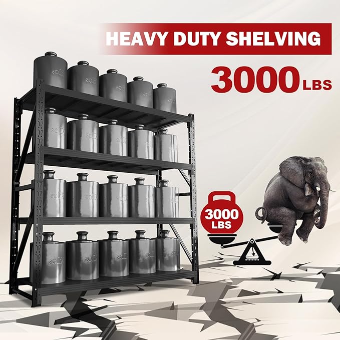 4000LBS Garage Shelving Heavy Duty, 48” W Storage Shelves, 4-Tier Adjustable Metal Storage Shelves, Steel Industrial Shelving Unit, Metal Shelving for Garage, Basement, Warehouse(Black, 47.3x20x79in)