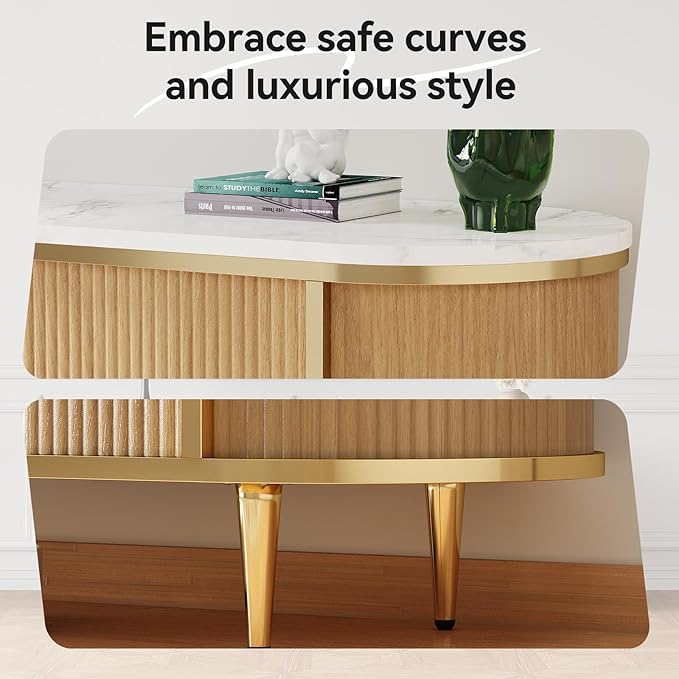 Luxury 70" Fluted TV Stand, Modern Entertainment Center for TVs Up to 80”, TV Console with Faux Marble Tabletop, Curved Profile Design, Media Console for Living Room, Wood