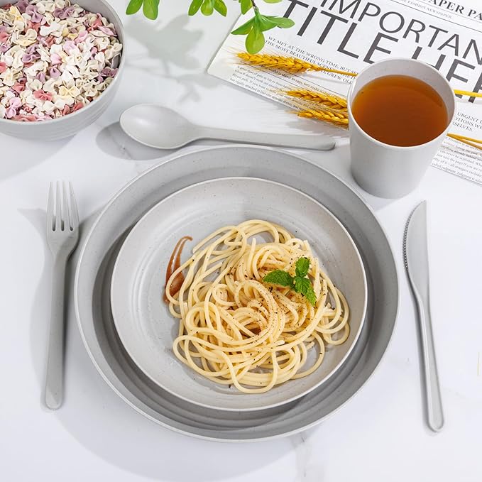LIYH 48 Pcs Wheat Straw Dinnerware Set,Plates and Bowls Set,Camping Dish Set for 12, Plastic Dinnerware Set,Dishwasher Safe Dinnerware Set, Unbreakable Plates,Camping Dish Sets (Light Grey)