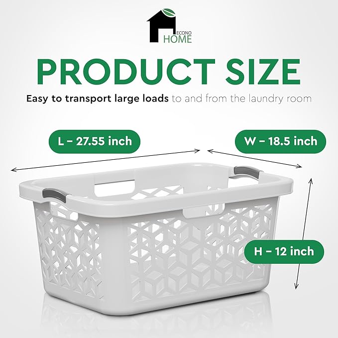 EconoHome Laundry Basket - Large 2 Bushel Laundry Basket with Handles - Stackable Plastic Hamper for Dirty Clothes - Storage Bin & Organizer for Bathroom, Bedroom - White, 70.5L Capacity – Heavy Duty