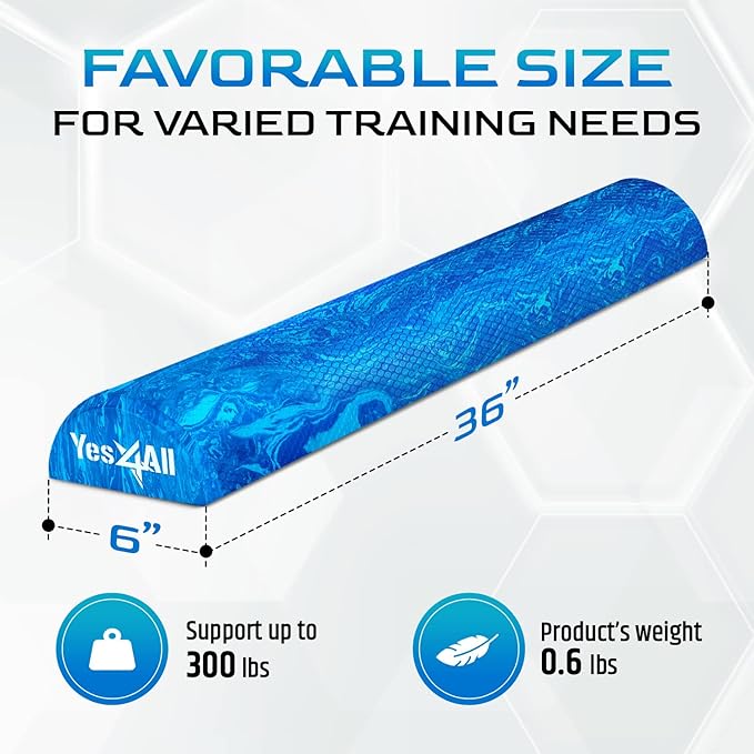 Yes4All EVA Firm Foam Roller for Stretching, Half Yoga Back Roller for Muscle Massage for Pilates, Yoga, Balance & Core Exercises - 12/36 inches