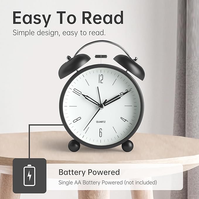Twin Bell Loud Alarm Analog Alarm Clock, 4 inch Super Silent Non Ticking Small Clock with Night Light, Battery Operated, Simple Design, Old Fashioned, for Heavy Sleeper, Bedroom, Bedside, Desk, Black