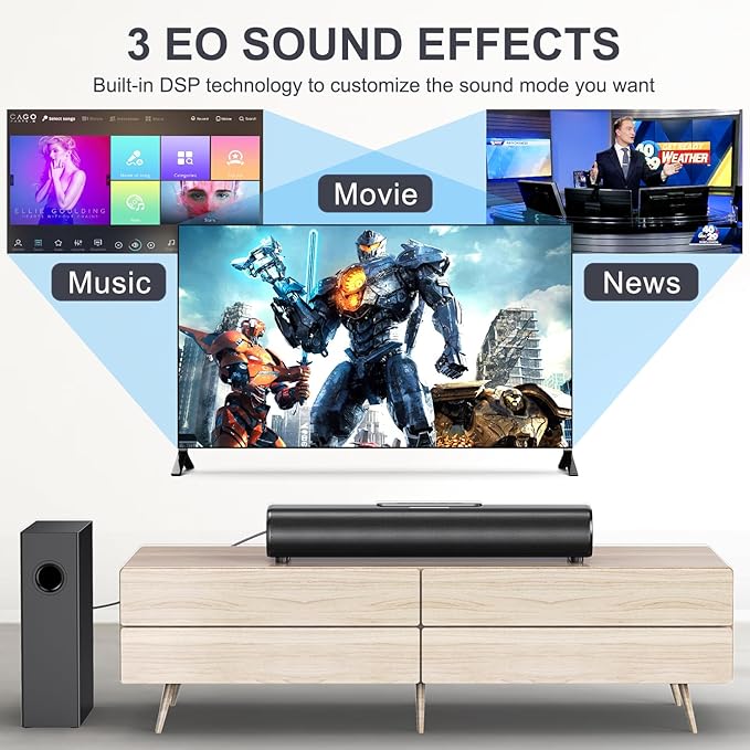 Sound Bar with Subwoofer, 2.1 Channel Sound Bar for Smart TV, 16 Inches, Bluetooth, Optical, HDMI(ARC), AUX, Coax and USB, Wall Mountable, 50 Watts