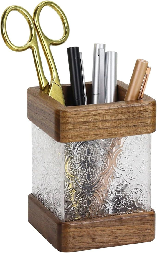 MultiBey Walnut Wooden Pencil Holder, Clear Acrylic and Wood Pen Holder, Black Walnut Desktop Pencil Cup Stand Wood Desk Accessory Organizer for School Office Home Supplies