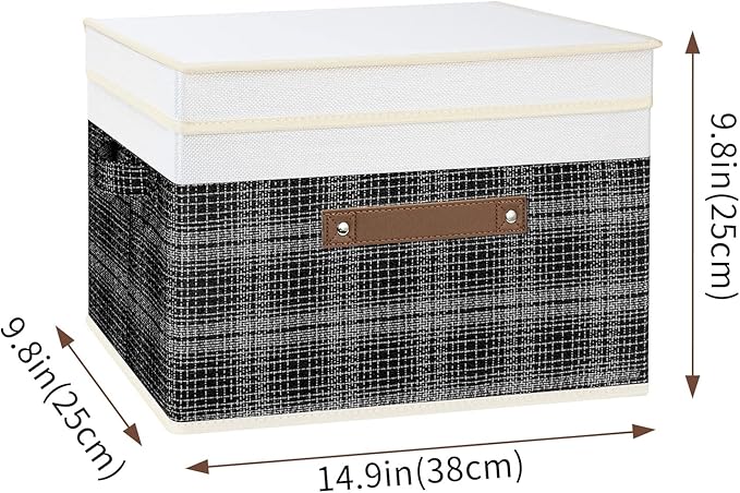 TYEERS Collapsible Storage Bins with Lids, Patchwork Design, Washable, Fabric Storage Boxes, 14.9x9.8x9.8 inches, 3 Pack, Black