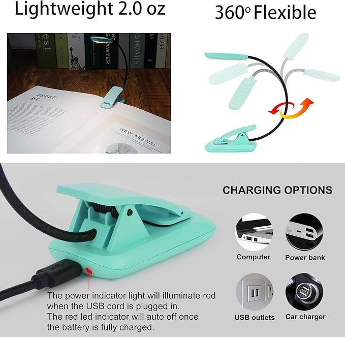 BIGMONAT Rechargeable Book Light for Reading,Eye Care Reading Lamp in Bed with Brightness Adjustable, Lightweight Clip 360°Rotary Night Lighting Neck for Kids, Book Lovers (Blue,2Pack)
