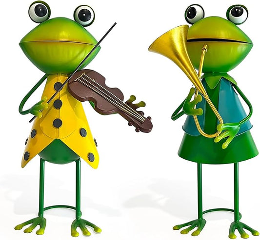 HONGLAND Frog Metal Yard Art - 3D Frog Outdoor Statue - Cute Metal Figurine - Christmas Holiday Lawn Patio Yard Garden Decor Gardening Gifts for Women (Violin)