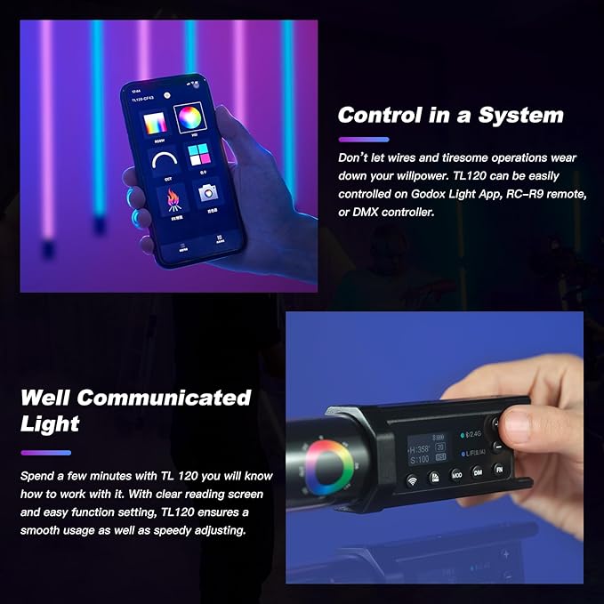 Godox TL120 RGB Tube Light 30W 5200mAh Battery Photography bar Light 2700K-6500K RGB CCT HSI Gel Mode 39 FX Effects LED Video Light for Photography TikTok YouTube