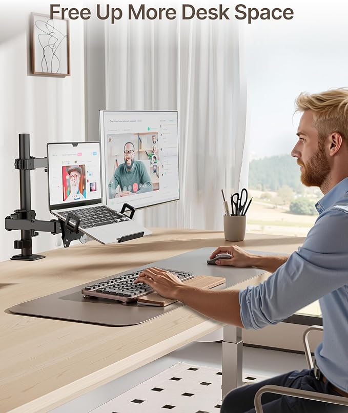 monTEK Monitor Mount and Laptop Stand for Desk, Adjustable Height Monitor Arm Fit up to 32 inch Screen and 17 inch Laptop, Hold up to 22lbs Weight, C-Clamp and Grommet