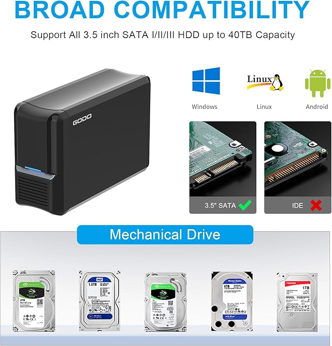 GODO 3.5 inch Dual Bay Hard Drive Enclosure,USB3.0 to 3.5" SATA HDDs External Enclosure,RAID 0/1/JBOD/PM Mode,Max 40TB RAID Hard Drive Docking Station,Aluminum