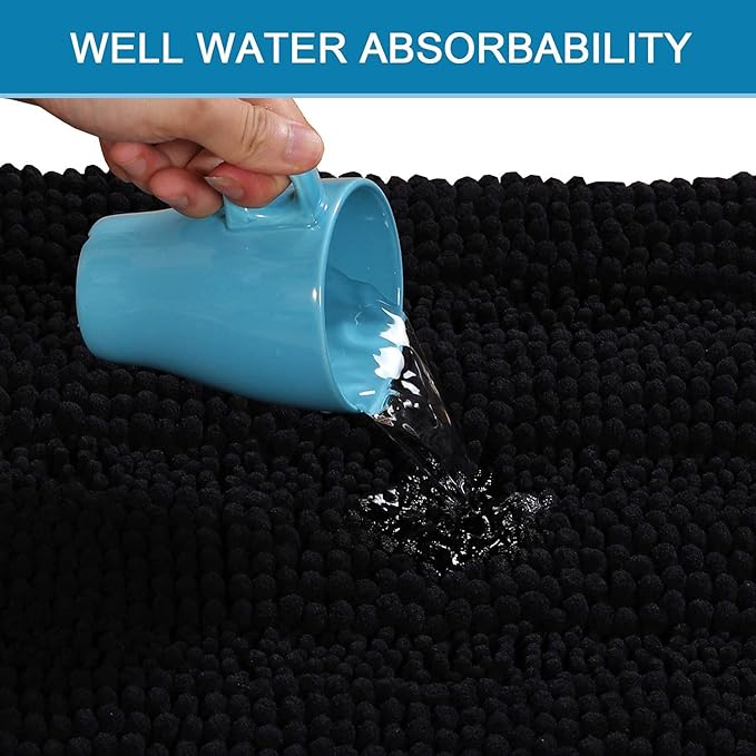 H.VERSAILTEX Bathroom Rugs Bath Rugs Non Slip Bath Mats Extra Thick Chenille Striped Rug 17" x 24" Absorbent Soft Shaggy Washable Dry Fast Bath Mats for Bathroom Floor - Black