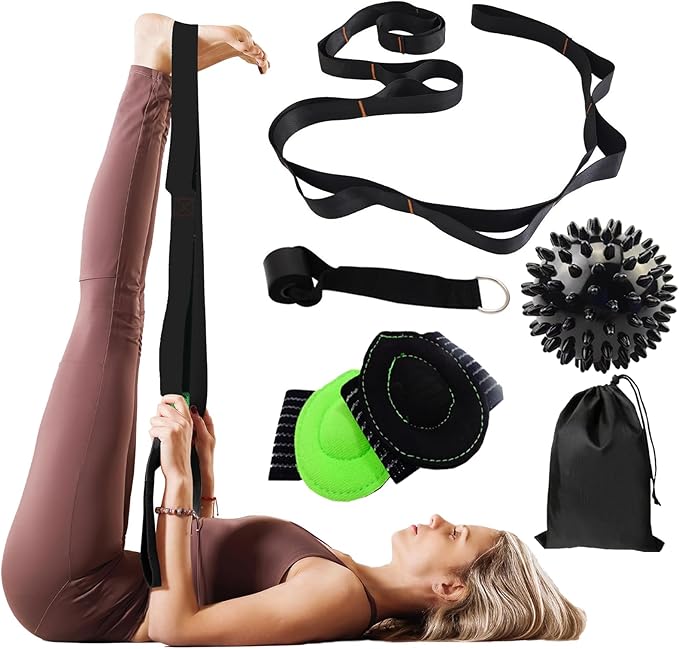 Gradient Fitness Therapy Stretching Belt, 12 Circle Multi Ring Stretching Belt (1.5 inches wide x 86.6 inches long), Therapy Equipment, Yoga Stretcher Strap,Leg Stretcher. Equipped with arch foot pads and pointed massage balls
