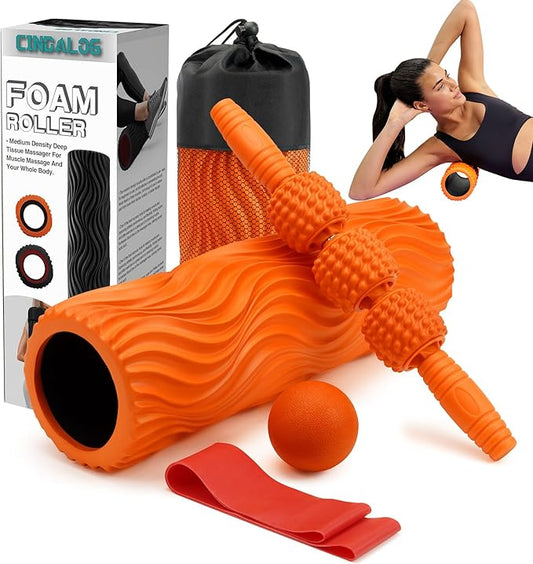 5 in 1 Foam Roller Set - Trigger Point Foam Back Roller, Muscle Roller Stick, Massage Ball, Stretching Band for Deep Muscle Massage Pilates Yoga,Fitness Exercise for Whole Body Release (Orange)