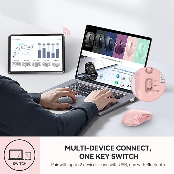 TECKNET Bluetooth Mouse, 4000DPI Wireless Mice for Laptop 2-in-1(BT 5.0/3.0+2.4Ghz) Computer Portable PC Mouse Wireless with USB Receiver for Mac (USB-A+Bluetooth, Pink)