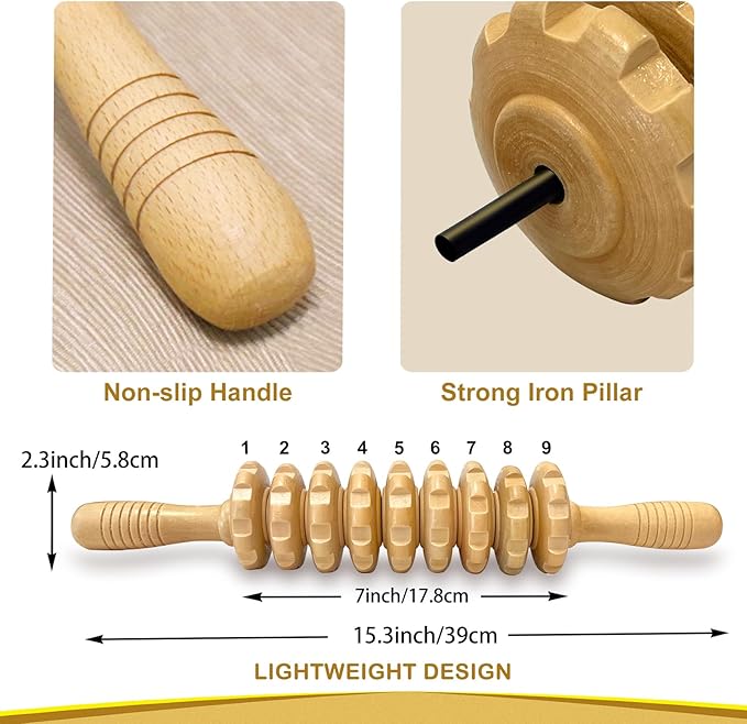 Manual Massager Wooden Handheld Roller Trigger Point Massager Stick for Fascia, Cellulite, Muscle & Abdomen, Body Therapy Massager, Muscle Belly Relief Tool, Natural Wood