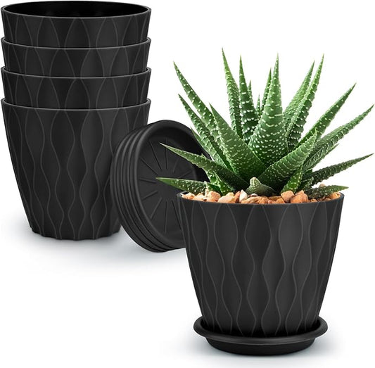 4 inch Plant Pots, 5 Pack Flower Pots Outdoor Indoor, Planters with Drainage Holes and Tray Saucers(Black)
