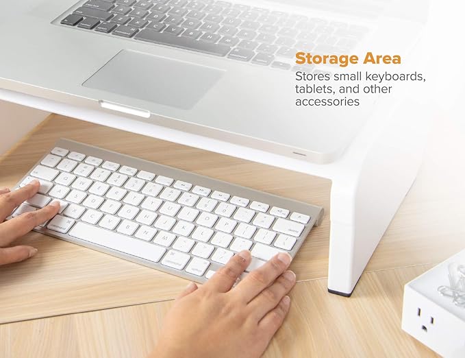 Bostitch Office Konnect Adjustable Monitor Stand Riser, 4 Height Adjustments, Built-in Cable Management, Rubber Feet - White