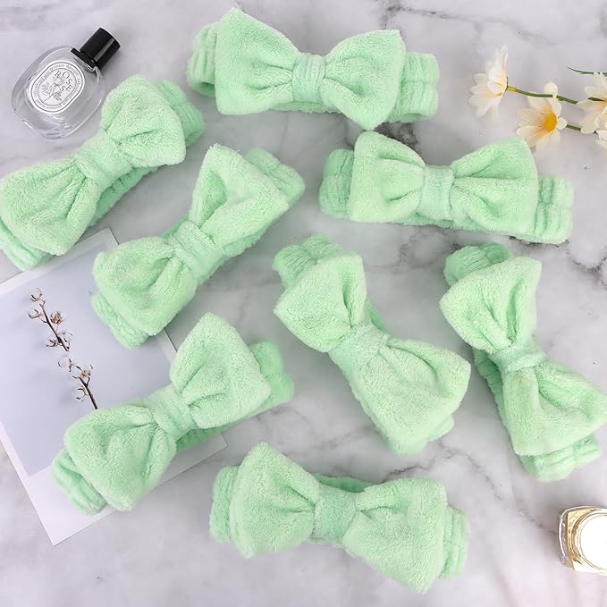 Ondder Green Spa Terry Cloth Skincare Headbands for Women - 8 Pcs Makeup Bow Hair Bands for Face Washing and Skin Care