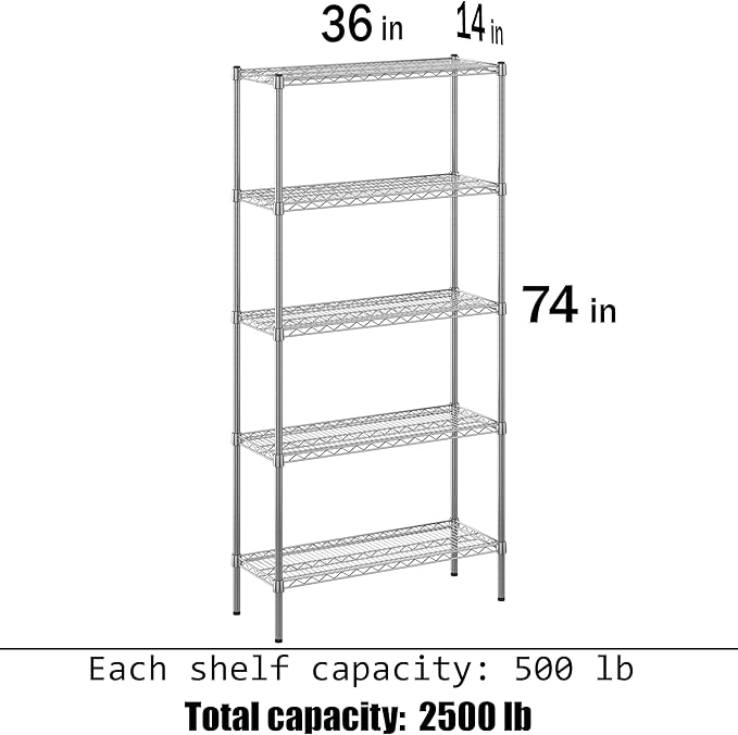 14" Deep x 36" Wide x 74" Height Wire Shelving Kit | 5-Tier | NSF Commercial Storage Rack Unit
