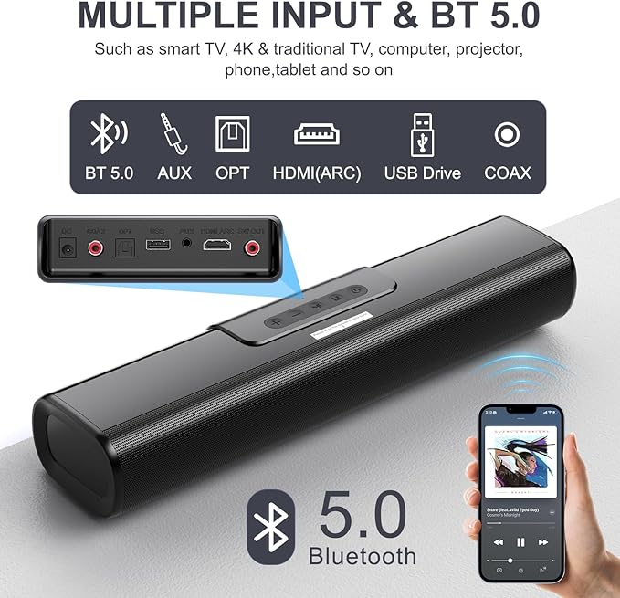Sound Bar with Subwoofer, 2.1 Channel Sound Bar for Smart TV, 16 Inches, Bluetooth, Optical, HDMI(ARC), AUX, Coax and USB, Wall Mountable, 50 Watts