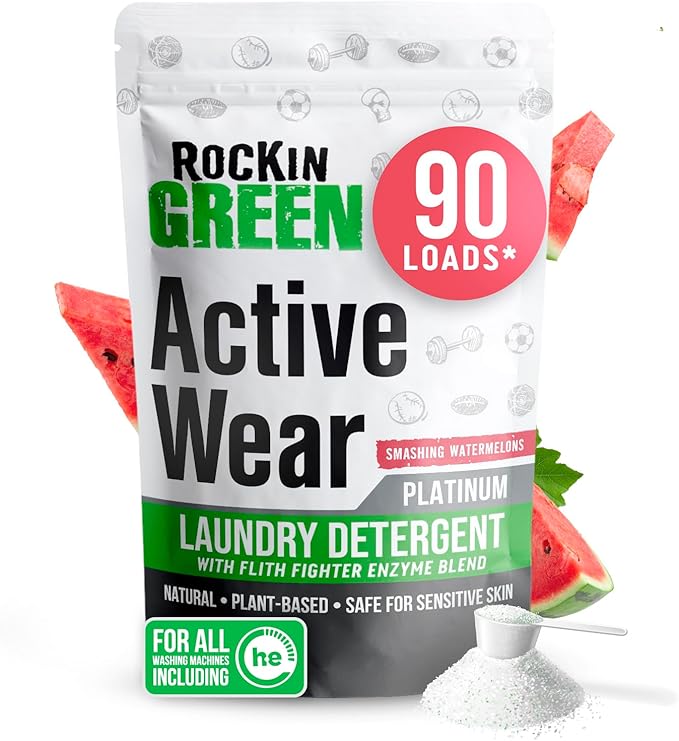 Rockin' Green Laundry Detergent, Plant based, All Natural Laundry Detergent Powder, Vegan and Biodegradable Odor Fighter, Safe for Sensitive Skin (Active Wear 90 Loads - Smashing Watermelons)
