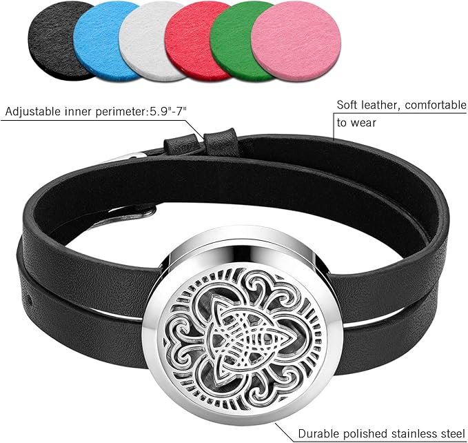 Essential Aromatherapy Oil Diffuser Locket Hollow Celtic Charm Leather Wrap Bracelet with 6 Color Pads,Size Adjustable,Black