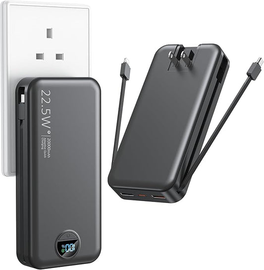 Portable Charger with Wall Plug, 20000mAh USB C Power Bank Fast Charging, External Battery Pack with Built in Cables, Digital Display, 5 Output 2 Input for iPhone Android Cell Phone Tablet