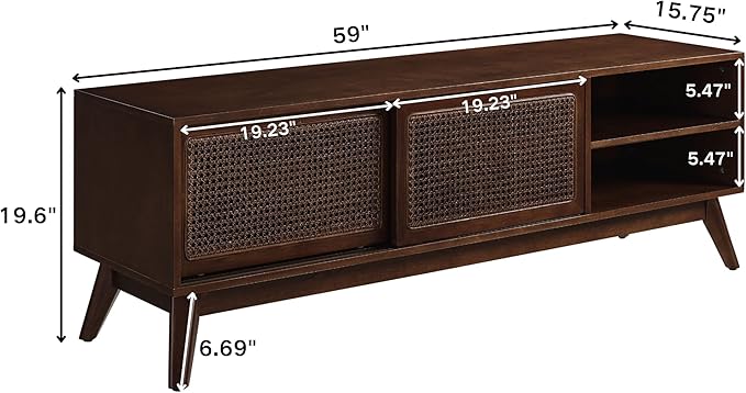 LKTART 59 inch Mid Century Modern TV Stand with Rattan Cabinet Doors, Boho Entertainment Center for 55/60/65 inch TVS, Media Console for Living Room/Bedroom, Dark Walnut