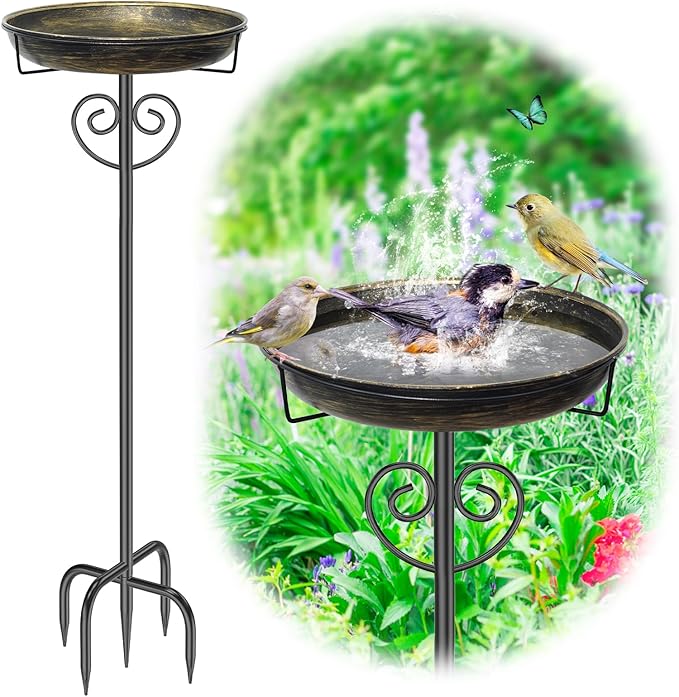 Metal Bird Bath for Outside, Standing Garden Bird Bath Bird Feeder Bowl with 5-Pronged Stake, Detachable Birdfeeder Bath for Outdoors Garden Patio Yard Lawn Decor (Vintage Gold)