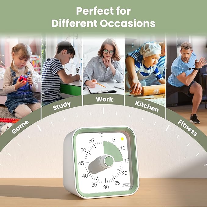 Visual Timer for Kids with Pause Function, 60 Minute Countdown Timer for Kids Desk Study, Teaching, Kitchen Cooking, Office Meetings, Time Management for ADHD (White)