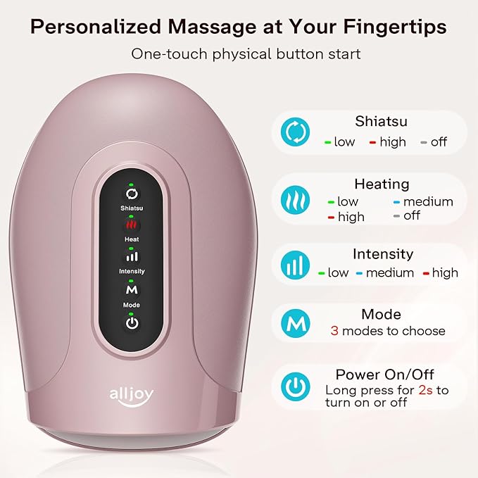 ALLJOY Roller Kneading Hand Massager for Arthritis and Carpal Tunnel Relief, Cordless Electric Hand Massager with Heat and Compression for Finger Numbness, Gifts for Women and Men (Pink)