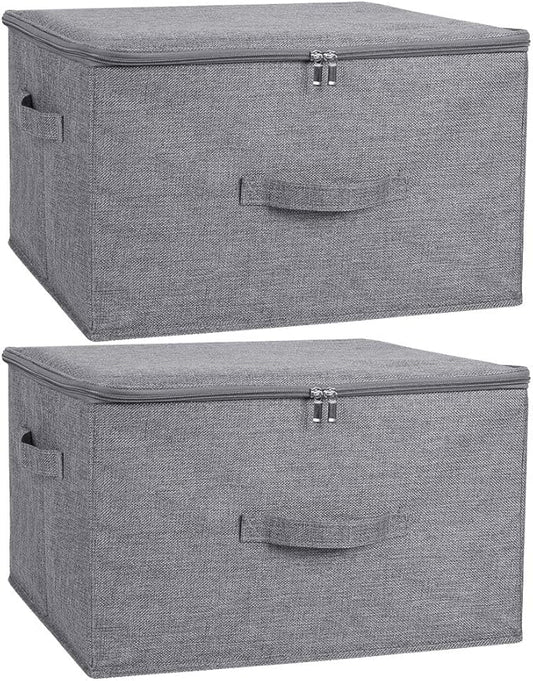 ANMINY 2PCS Storage Bins with Zipper Lids 36 Qt Lidded Fabric Storage Boxes Baskets Cubes with Handles Collapsible Washable Cotton Linen Closet Shelf Clothes Organizer Containers - Gray, Large