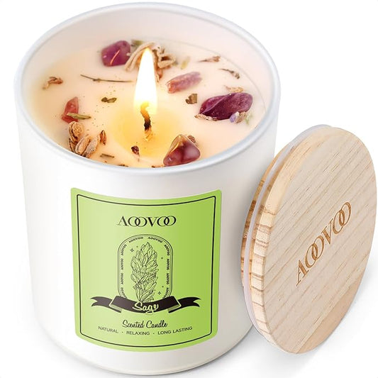 AOOVOO Sage Scented Candles for Women - Aromatherapy Candle with Crystals Inside, 10oz Soy Candles for Home Scented, Birthday Gifts Mothers Day Candle for Women Mom