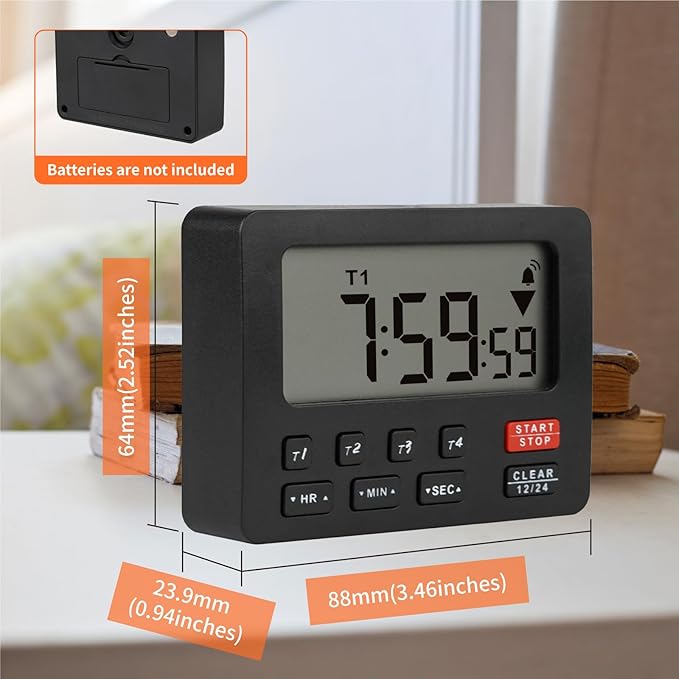 YOOREAL Digital Kitchen Timers, with 4 Sets of Countdown Stop Watches Timer/Magnetic Timer Clock with Adjustable Loud Alarm Classroom Cooking Fitness Baking Studying Teaching (Black)