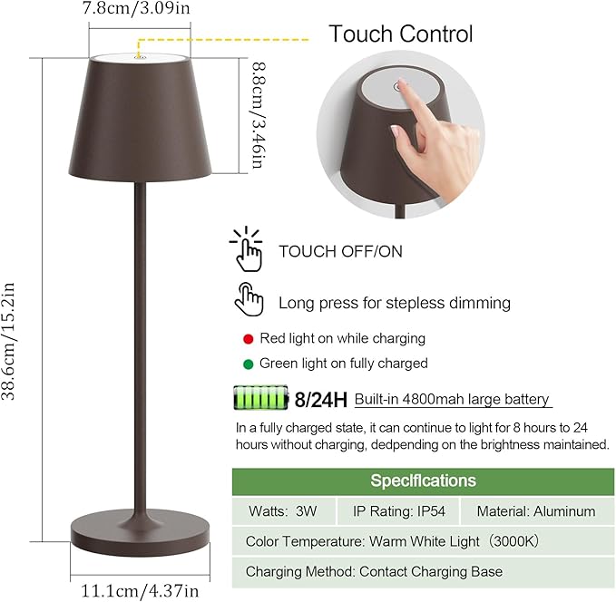Ralaby IP54 Cordless Table Lamp Aluminum Portable LED Desk Lamp 4800mAh Battery Operated Stepless Dimming Up for Restaurant/Bedroom/Bars/Outdoor Party/Camping/Coffee Shop (2 Pack,Rust-Coloured)