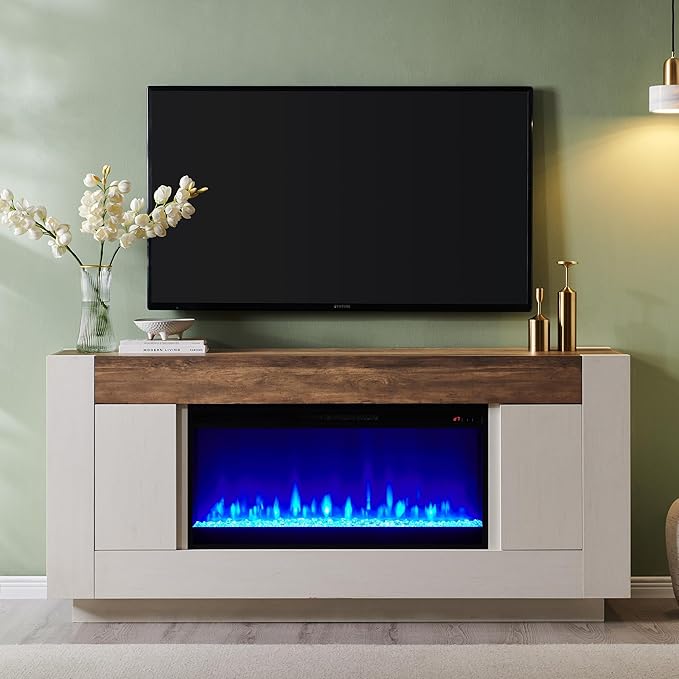OKD Modern 70" Fireplace TV Stand with 36" Electric Fireplace, Entertainment Center for TVs Up to 80", Media Console with Side Cabinets, Thick Wood Design for Living Room, Antique White